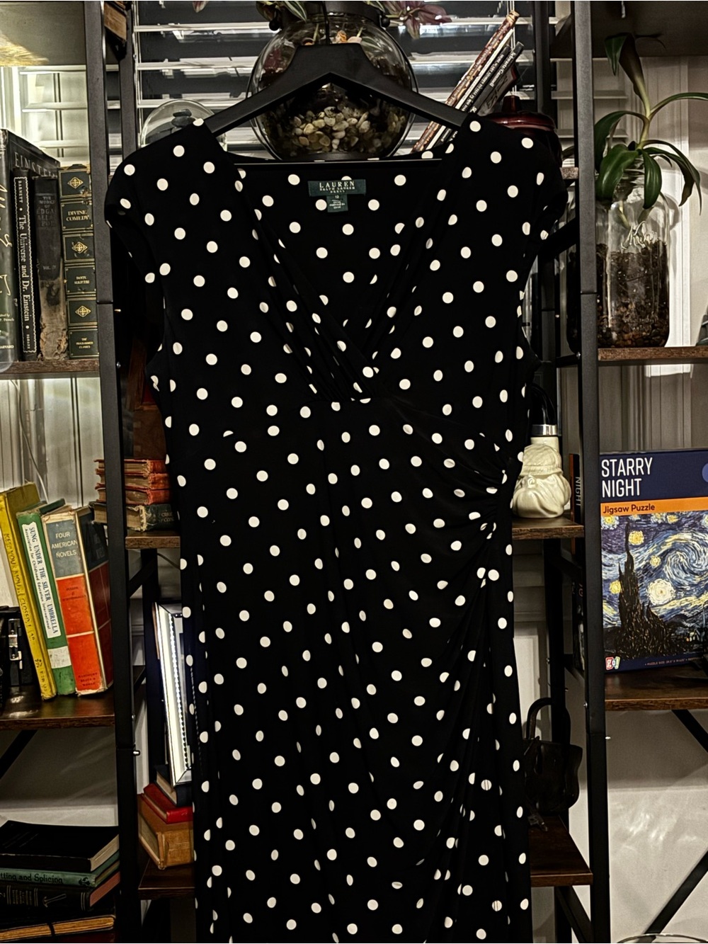 Lauren Ralph Lauren Black & White Polka Dot Twist-Front Midi Dress